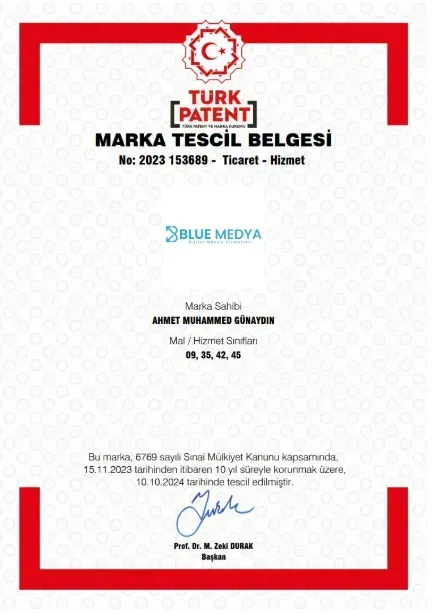 Blue Medya Türk Patent ve Marka Kurumu Resmi Tescil Belgesi